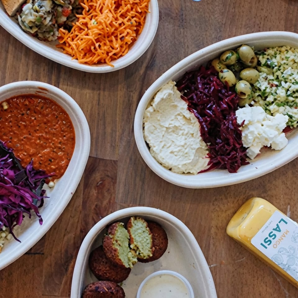 Overhead view of colorful Mediterranean-style bowls with salads, dips, falafel, and a bottled drink arranged on a wooden table.