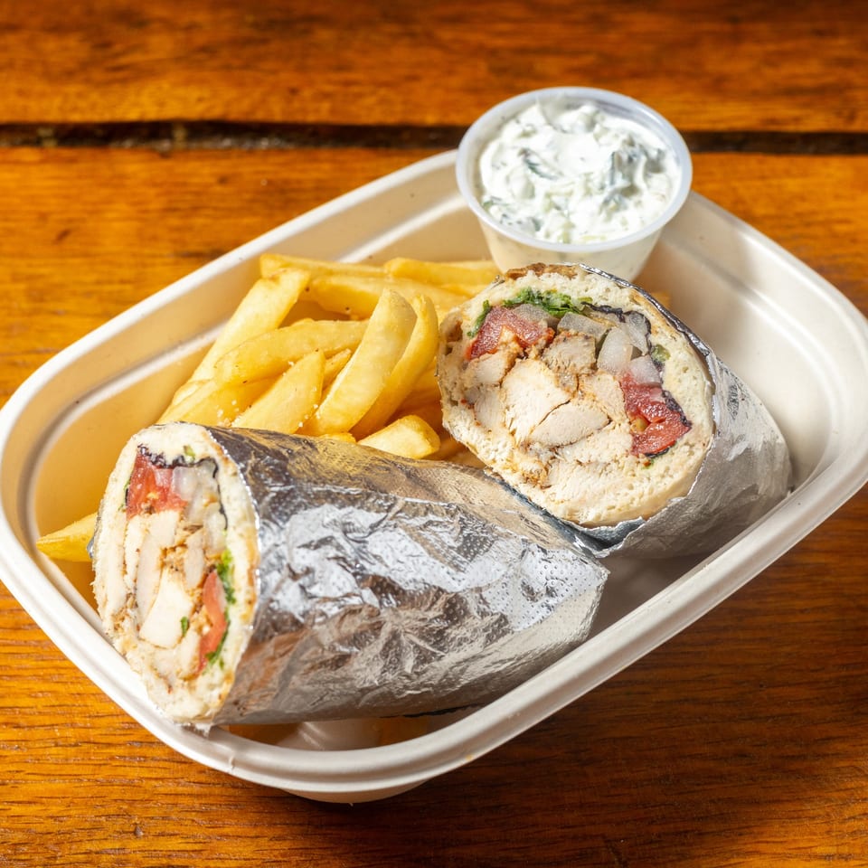 Chicken gyro with fries