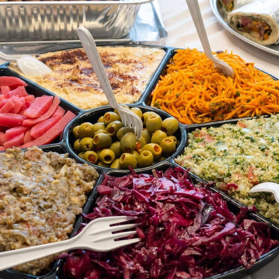 Large platter of Mediterranean salads, olives, pickled vegetables, shredded carrots, couscous, dips, and wrapped flatbreads.