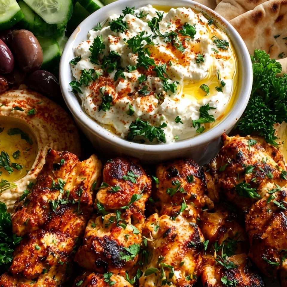 Mediterranean platter with grilled chicken, hummus, yogurt dip, pita bread, olives, cucumber, parsley, and olive oil.