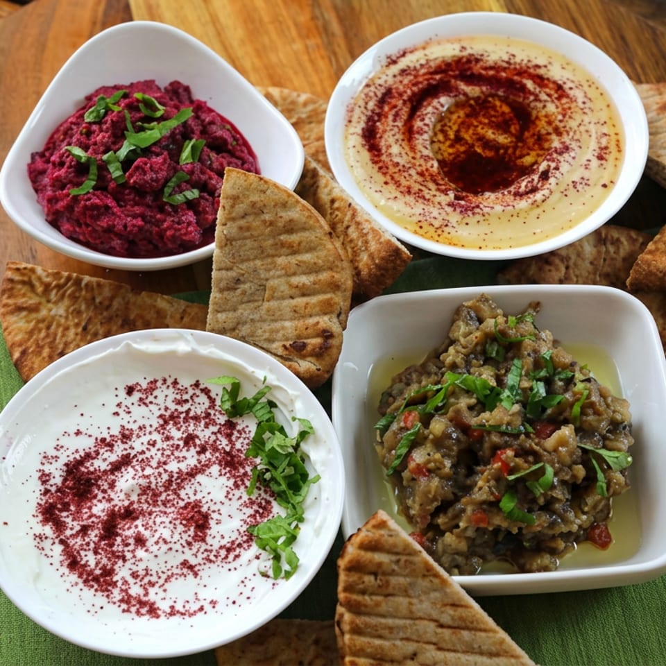 Middle Eastern mezze platter with beet hummus, traditional hummus, yogurt dip, eggplant salad, and toasted pita bread.