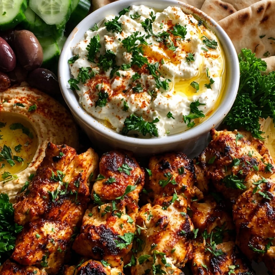 Mediterranean platter with grilled chicken, hummus, creamy dip, olives, cucumbers, parsley, and warm pita bread.