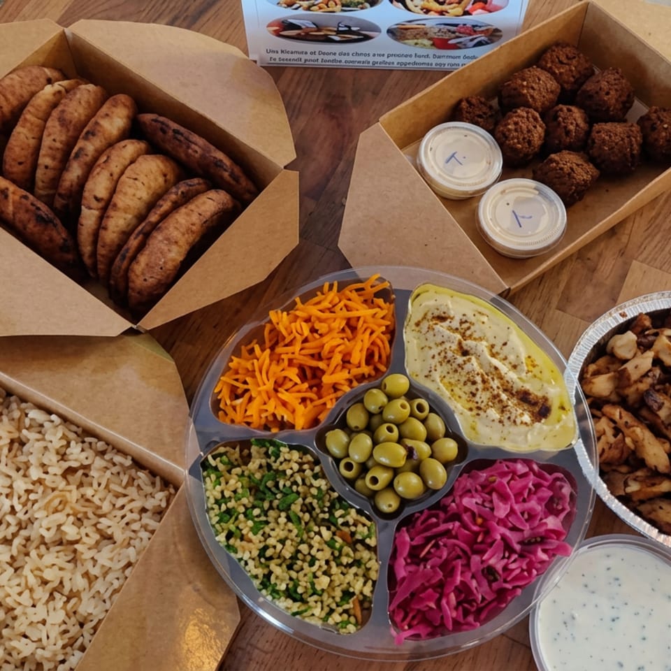 Middle Eastern feast spread with stuffed pastries, falafel, rice, hummus, vegetables, olives, roasted mushrooms, and dipping sauces on a wooden table.