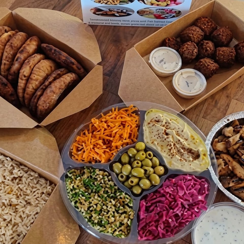 An abundant Mediterranean-style spread features stuffed pastries, meatballs, rice, hummus, olives, salad, pickled cabbage, mushrooms, and dipping sauces.