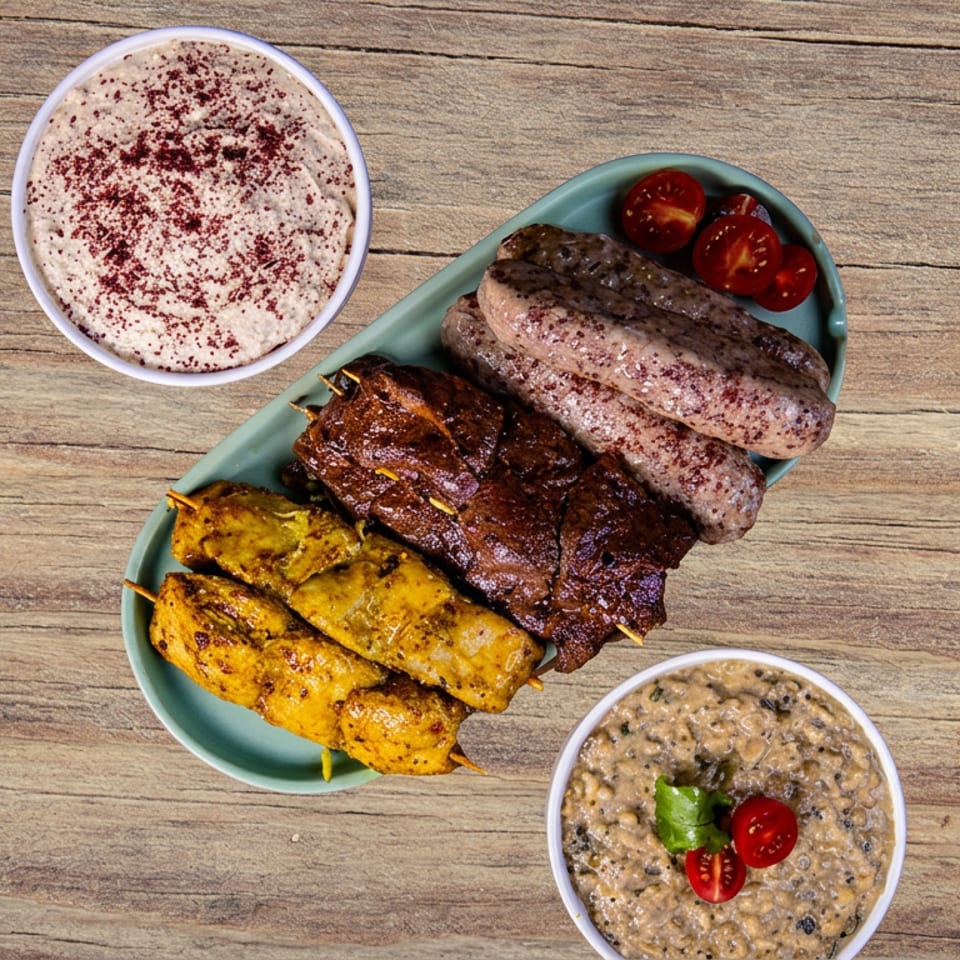 Assorted grilled meat skewers with cherry tomatoes, creamy dip, and lentil side dishes arranged on a wooden table.