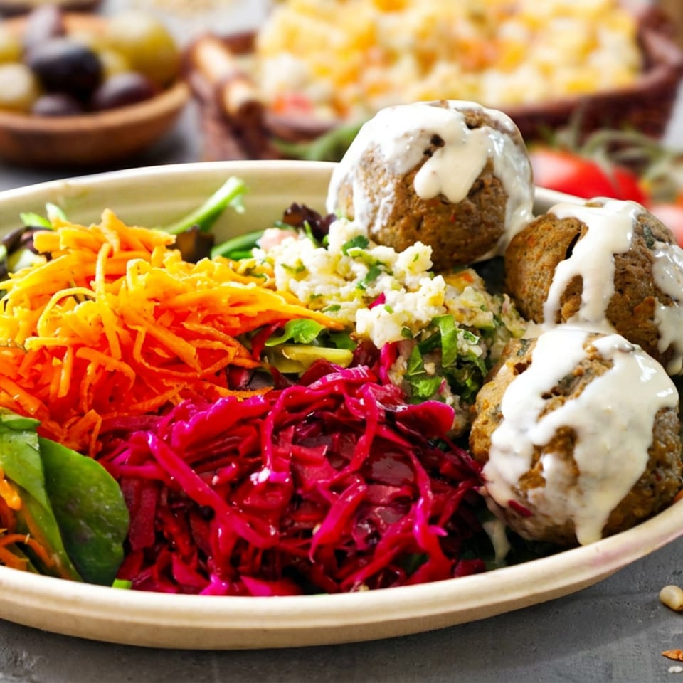 Bowl of falafel, tahini, leafy greens, shredded carrots, pickled cabbage, and salad vegetables with pita and tomatoes nearby.