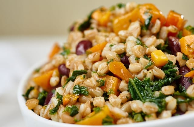 Farro with Butternut Squash and Kale with a Citrus dressing (V).