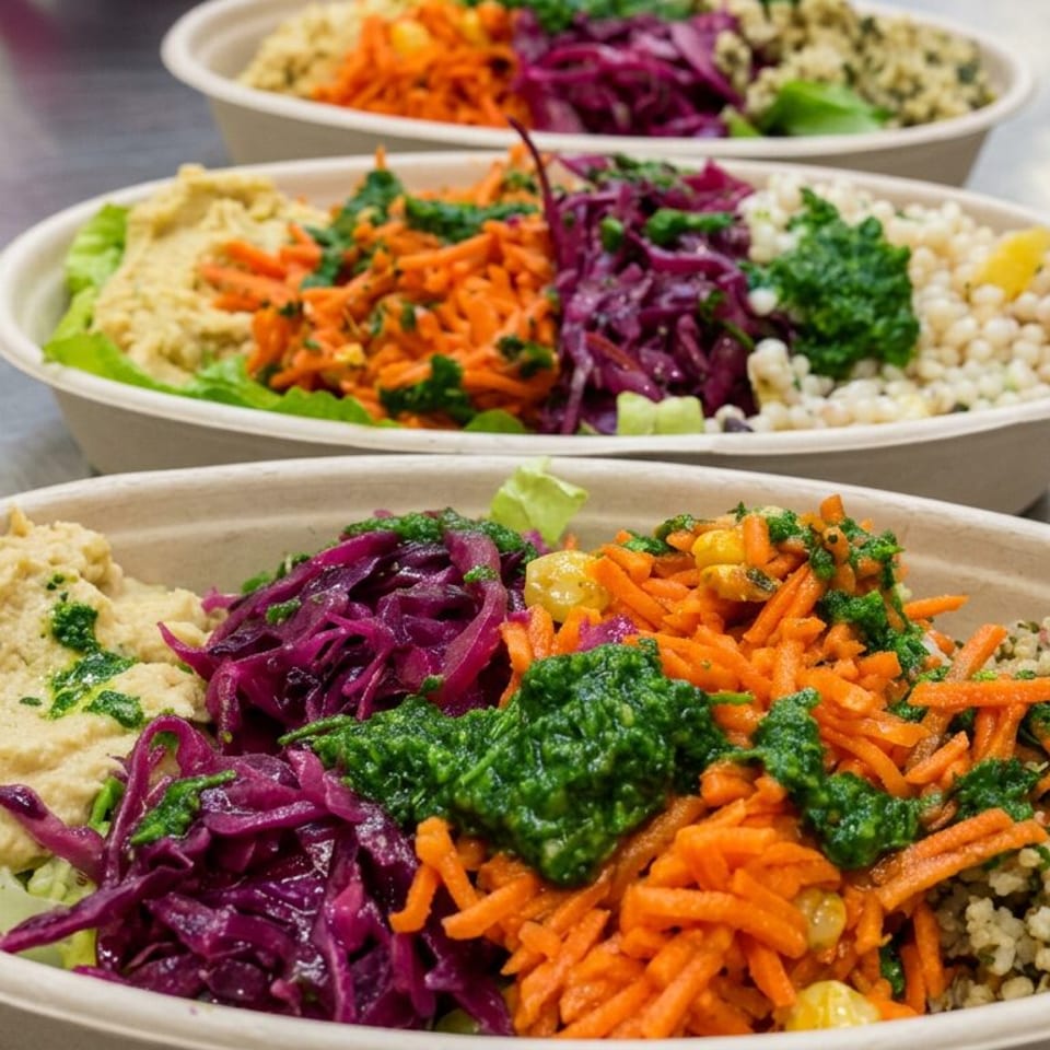Three colorful grain bowls topped with hummus, shredded carrots, purple cabbage, greens, lettuce, and herbs on a metal counter.